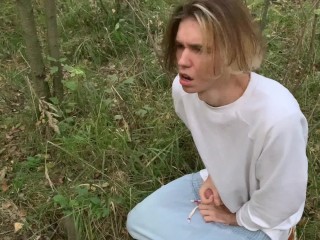 lovable russian boy masturbating in a public woodland and pee outside