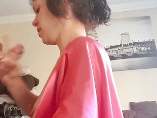 Lady in red gown sucking cock and giving handjob until I cum