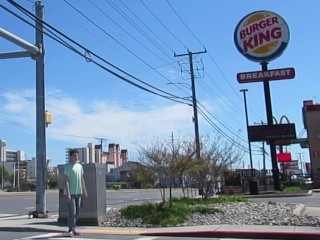 Guy walks to burger king and walks again house from burger king