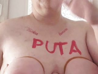 Spanish novice milf ties her knockers up and spanks them.  Then she shaves her head.  Fats submissive slut.