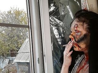 spouse smokes cigarette make-up zombie
