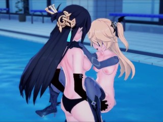 Genshin Affect – Beidou will get her pussy eaten, then fucks Fischl within the pool. Lesbian Hentai.