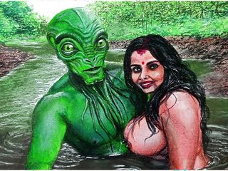 Erotic Artwork Or Drawing Of Horny Indian Desi Bhabhi in Love With an Extraterrestrial Alien
