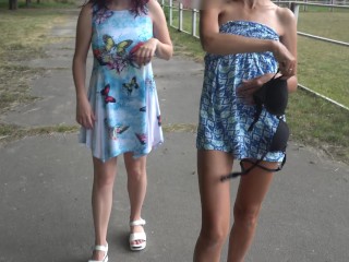 Two ladies flashing pussy in public park, upskirt no panties
