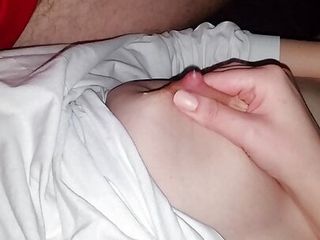 A troublesome cock cums on my lactating knockers
