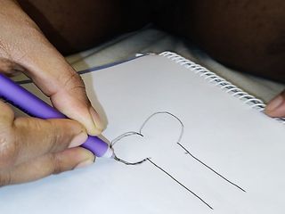 Horny aunty doesn't get guy, attracts giant cock on paper, pretends to fuck