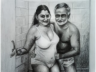 Erotic Artwork Or Drawing Attractive Desi Indian Girl inside of Toilet with Father In Legislation