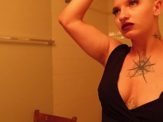 tattooed slut shaves her head bald whilst smoking