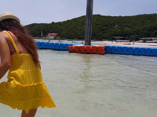 UP Yellow DRESS r NO PANTIES on Public Tropical Seashore