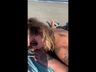 Tattooed MILF offers BlowJob on busy Seashore begs to Fuck