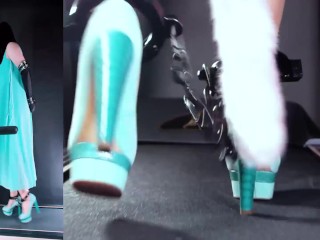 Asian Chained Treadmill Strolling in Heels