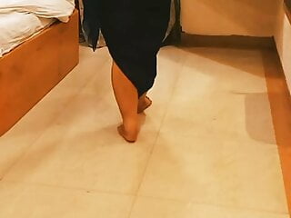 Indian Obese Female friend Walks in Gradual Movement Sensual Appearing Her Large Cleavage